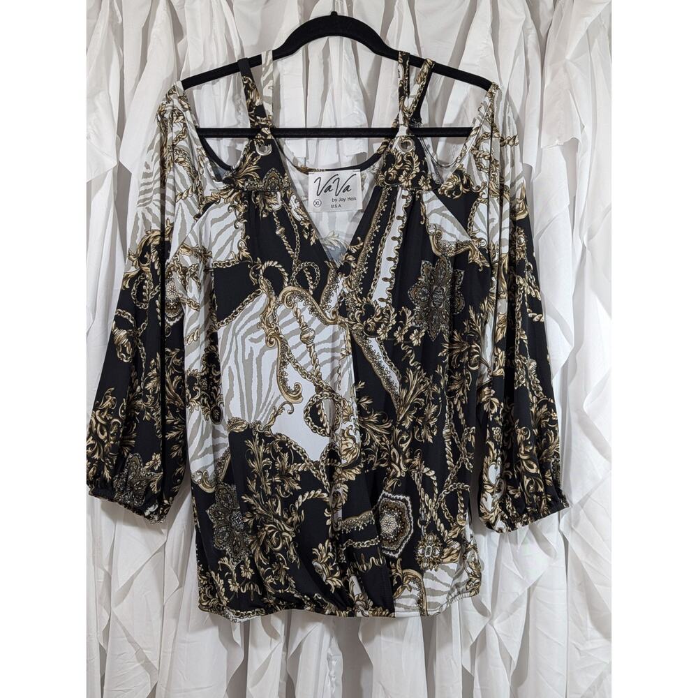 VaVa by Joy Han Rope & Chain Print Top XL Cold Shoulder Peasant Sleeve Faux Wrap